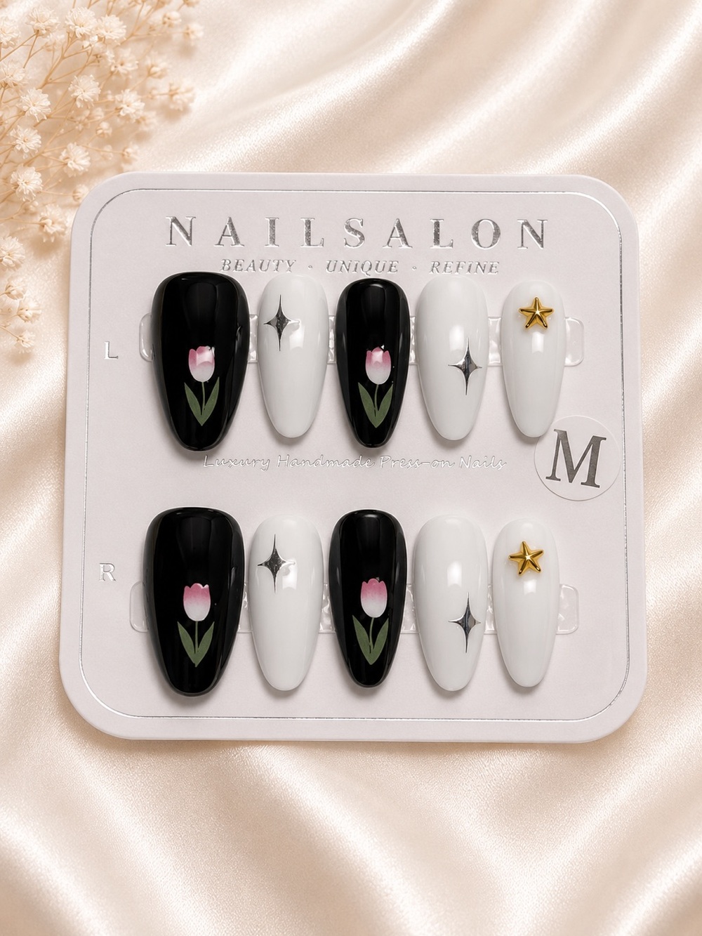 Black & White Tulip Press-On Nail Set